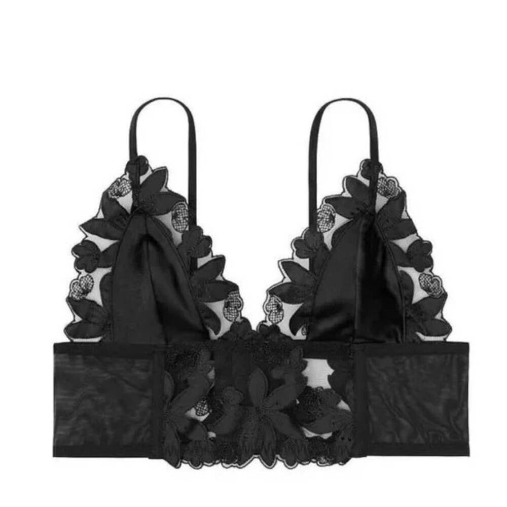 Victoria's Secret Black Floral embroidered Unlined Longline Bralette -XL